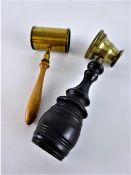 Late 19th century brass hand held magnifier with ring turned ebony handle,