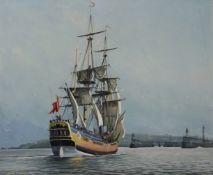 'HM Bark Endeavour Sailing into Whitby 1997', acrylic signed by John Cooper (British 1942-),