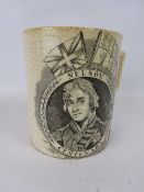 Nelson centenary mug, transfer printed with portrait & England Expects motto, H11cm.
