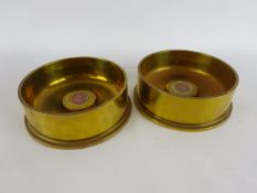 Pair of 5in brass shell case bases, centre inset with Falklands Islands 1987 Coin,