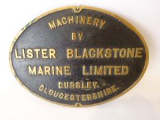 Brass oval plaque cast 'Machinery by Lister Blackstone Marine Limited, Dursley. Gloucetstershire.