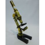 Early 20th century brass monocular microscope with rack & pinion adjust,
