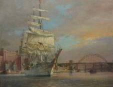 Tall Ship on the Tyne, oil on board signed by Walter Holmes (British 1936-),