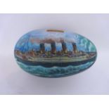 Emu egg, painted with RMS Tytanic (sic) under full steam in a choppy sea, probably Russian,