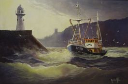 Fishing Vessel off Brixham Shore, oil on canvas signed by Gordon Allen 59.