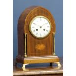 Edwardian inlaid mahogany lancet shaped mantel clock, white dial with brass columns and feet,