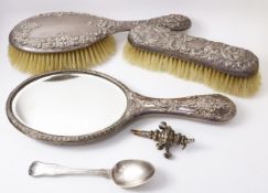 Edwardian dressing table items with silver backs, baby's silver rattle whistle,