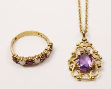 Ruby and opal ring hallmarked 9ct and an amethyst pendant necklace stamped 9ct Condition