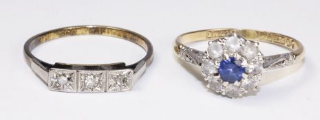 Art Deco three stone diamond ring stamped 18ct plat and a sapphire dress ring stamped 9ct plat