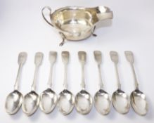 Silver sauce boat and a set of eight silver fiddle pattern teaspoons all hallmarked approx 9oz