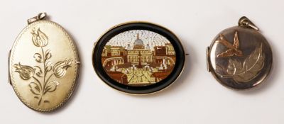 Micro mosaic brooch depicting the Vatican and two hallmarked silver lockets Condition
