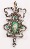 19th century gold backed, silver set diamond and emerald ribbon pendant,