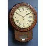 19th century circular oak case railway type wall clock, single fusee movement, H52cm,