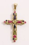 9ct gold cross pendant set both sides with sapphires, rubies,