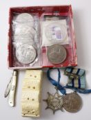 Eight five pound commemorative coins, Royal Observer Corps medal awarded to W E Harrison,