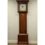 Late 18th century oak longcase clock, canted corners with fluted quarter columns,