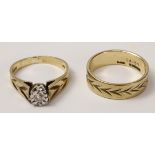 9ct gold wedding band and matching 9ct single stone diamond ring both hallmarked (2)