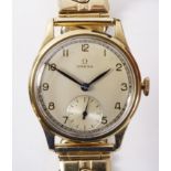 Gentleman's Omega 1950's hallmarked 9ct gold wristwatch on Montal rolled gold expanding bracelet