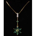 Emerald and diamond pendant on box chain necklace stamped 925 Condition Report