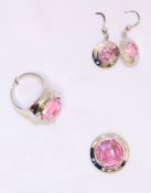 Pair pink facetted crystal shield ear-rings,
