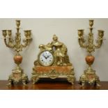 Figural gilt metal and marble clock garniture, enamel dial ting tang movement with floating balance,
