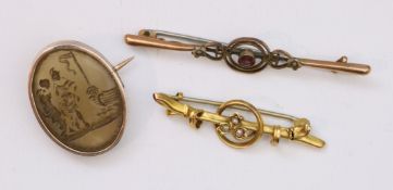 Late 19th century gold cased intaglio brooch tested to 9ct and two bar brooches set with ruby and