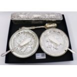 Silver top pin box, two silver butter dishes and knives by Garrard &Co,