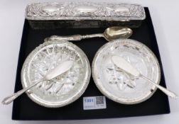 Silver top pin box, two silver butter dishes and knives by Garrard &Co,