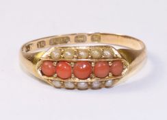 Coral and seed pearl 15ct gold ring maker's mark C.