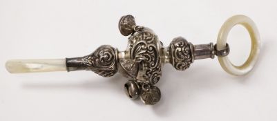 Silver & mother of pearl baby's rattle by Crisford & Norris Ltd Birmingham 1912