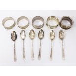 Silver napkin rings and set of six coffee spoons all hallmarked approx 3.