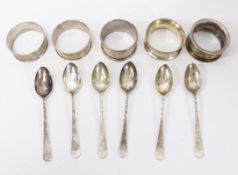 Silver napkin rings and set of six coffee spoons all hallmarked approx 3.