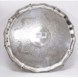 Victorian silver salver beaded and shell pie-crust border on four ball and claw feet by Thomas