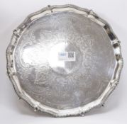 Victorian silver salver beaded and shell pie-crust border on four ball and claw feet by Thomas