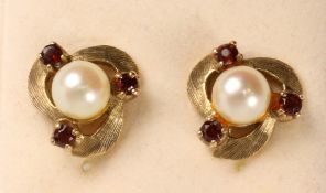 Pair of ruby and pearl gold ear-rings hallmarked 9ct Condition Report <a