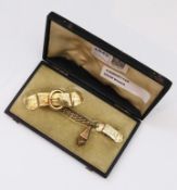 Victorian gold shawl 'safety' brooch invented by Henry Samuel Ellis, with weighted safety chain,