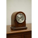 Edwardian inlaid mahogany mantel clock, twin train movement striking on gong,
