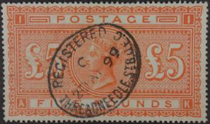 Victorian Stamp - 1867-83 £5 Orange, on white paper, fine used, with oval registered pmk,