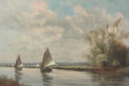 Kenneth Denton (American 1932-): 'Summer Sailors Thurne Norfolk', oil on canvas board signed,