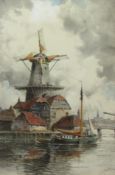 Louis Van Staaten (Dutch 1836-1909): Dutch Canal Scene with Windmill,