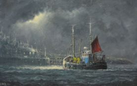 Jack Rigg (British 1927-): Stornoway Fishing Boat returning to Harbour,