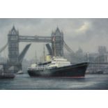 Jack Rigg (British 1927-): 'The Royal Yacht Britannia passing under Tower Bridge',