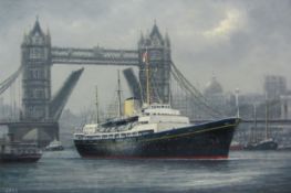 Jack Rigg (British 1927-): 'The Royal Yacht Britannia passing under Tower Bridge',