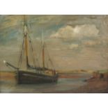 English School (Mid 20th century): Sailing Boat at anchor in an Estuary,