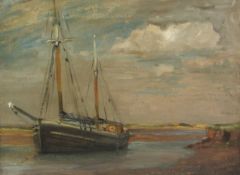 English School (Mid 20th century): Sailing Boat at anchor in an Estuary,