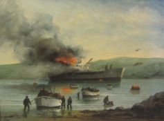 Michael J Whitehand (British 1941-): The Bombing of the Sir Galahad - Falklands 8th June 1982,