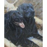 John Trickett (British 1952-): Two Black Labradors in the Snow,