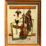 Christopher John Harrison (British 1945-): The Violin Workshop - Trompe l'oeil,