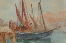 Frank Rousse (British fl.1897-1917): Fishing Boats in Whitby Harbour, watercolour signed 17cm x 25.