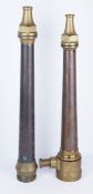Two early 20th Century brass fire branches, one with female coupling attached,